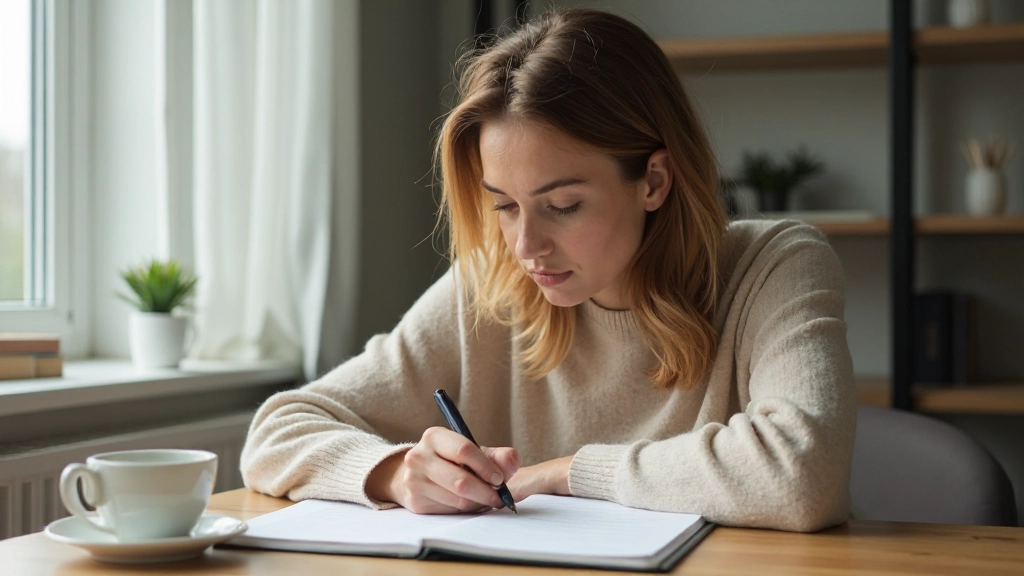 Close-up van iemands hand die aantekenigen maakt in een notitieboek met gedachten en inzichten