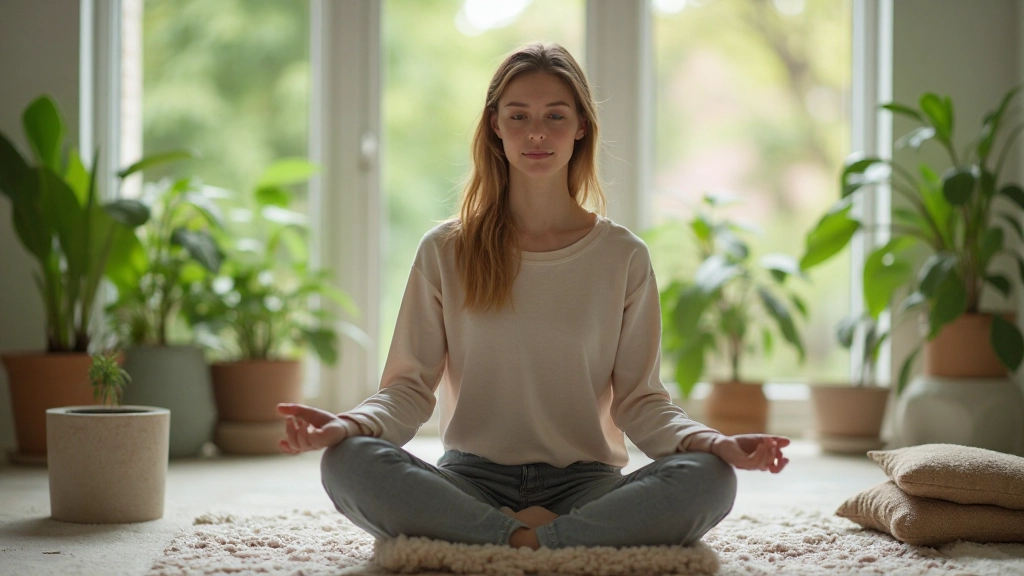 Persoon doet meditatie in rustige natuuromgeving met planten en zonlicht