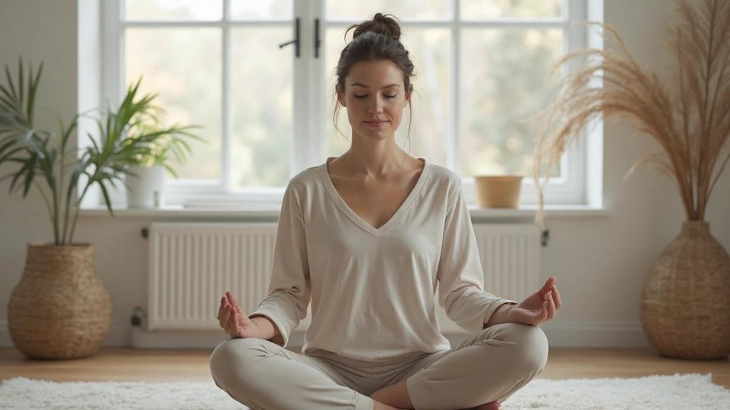 Persoon die meditatief zit in een vredevolle omgeving met natuurlijke elementen en zachte verlichting