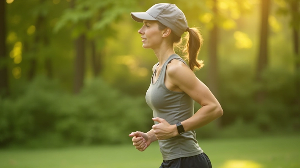 Persoon die joggt in een groen park met zonlicht, gezonde en actieve levensstijl