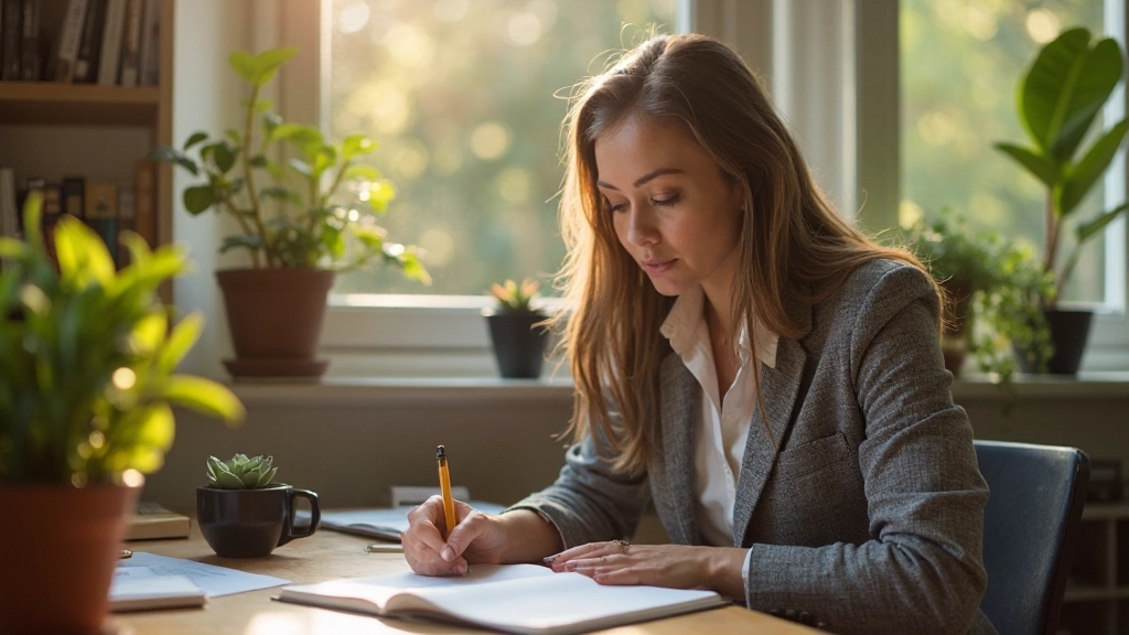 Persoon die aan een bureau zit met geopende dagboek en pen, werkend aan persoonlijke groei en reflectie
