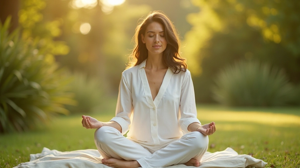 Vrouw die in meditatieve houding zit in een rustige, natuurlijke omgeving met zachte natuurlijke verlichting