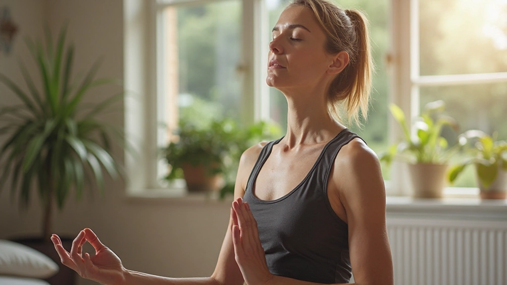 Vrouw die rustgevende ademhalingsoefening uitvoert in een serene omgeving met natuurlijk licht